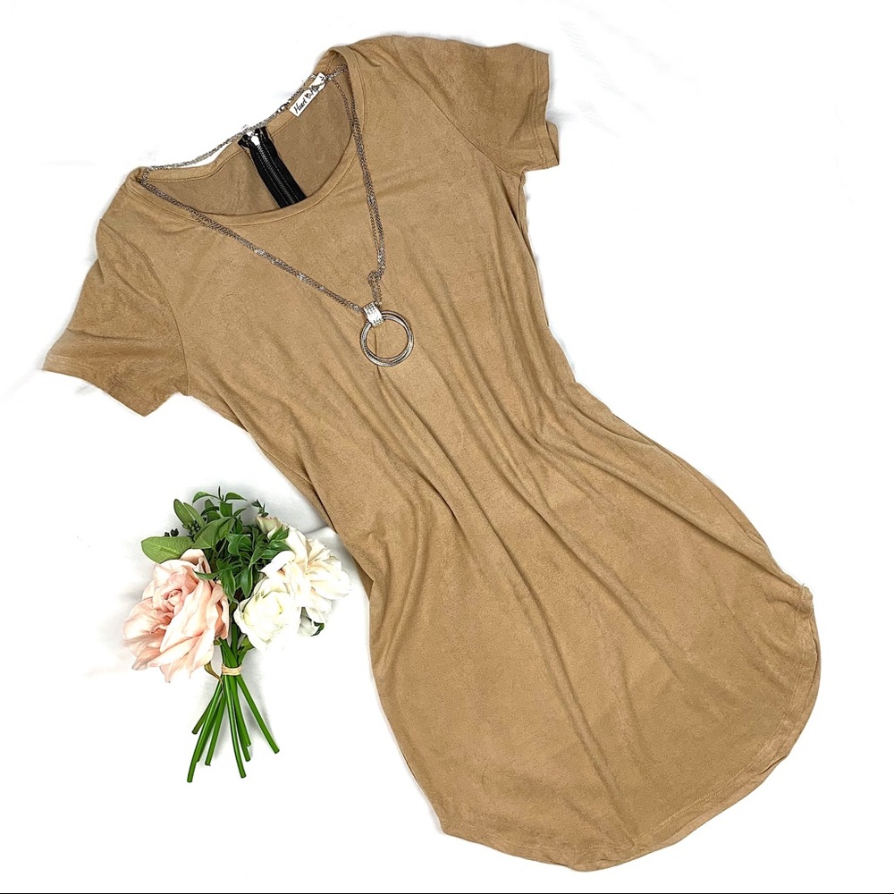 Heart Hips Tan SOFT Short Sleeve Suede-Like Dress - Picture 2 of 8